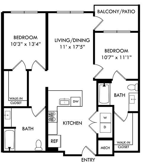 2 bedroom 2 bath Palmetto floorplan. Entry opens to l-shaped kitchen with peninsula overlooking living area. bedrooms on opposite side of the floorplan. one bedroom has private bath the other has guest access. Laundry closet in kitchen. balcony/patio access off of living room.