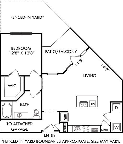 The Patterson with Attached Garage and Fenced-in Yard. 1 bedroom apartment. Kitchen with island open to living/dinning rooms. 1 full bathroom. Walk-in closet. Patio/balcony.