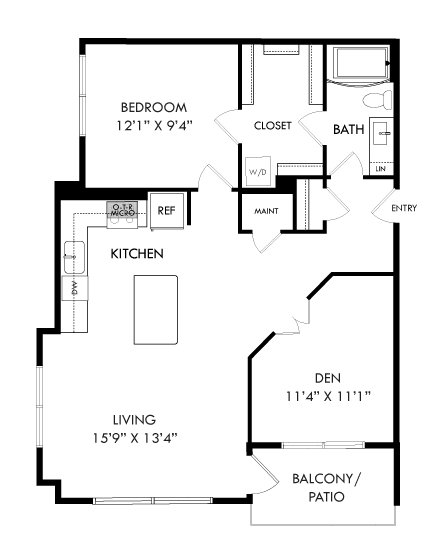 A floor plan of a house with a living room, kitchen, and bathroom.