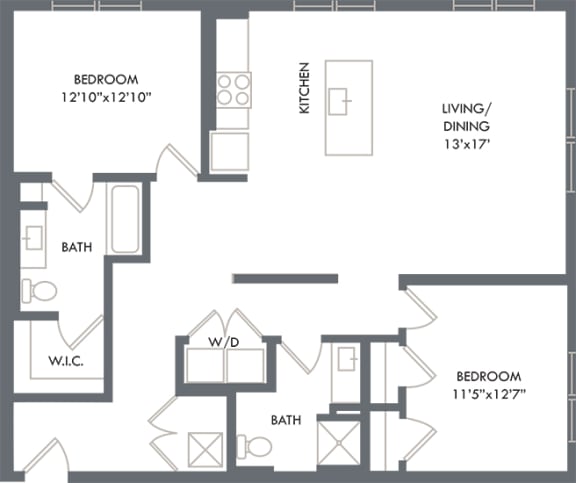2 bedroom floorplan. Entrance hall leads to kitchen/living/dining areas. guest bathroom with standalone shower. bedrooms on opposite ends of apartment. primary bedroom has private bathroom that leads to Walk-in closet. W/D.