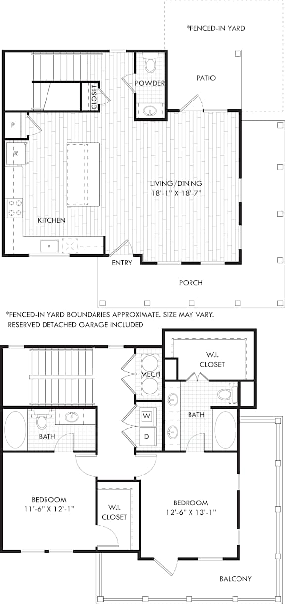 A floor plan of a house with a living room, kitchen, two bedrooms, a bathroom, a patio, and a fenced-in yard.