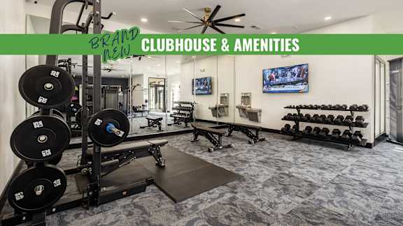 A gym with a green banner that says "Brand New Clubhouse & Amenities" is shown.