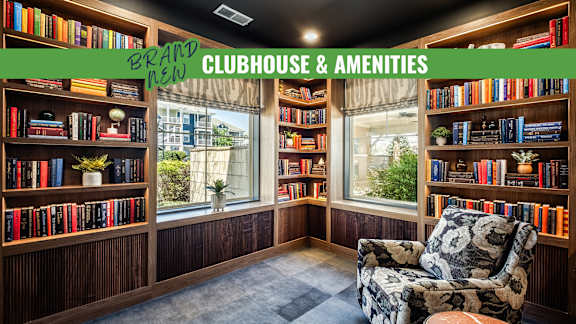 A cozy room with a bookshelf and a chair is labeled as a clubhouse and amenities.
