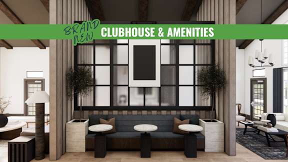 A modern clubhouse and amenities area with a black and white color scheme.