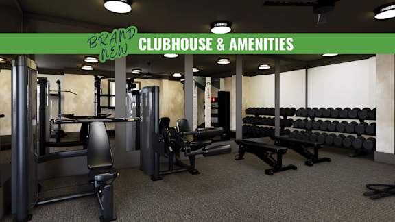 A gym with a green sign that says "Brand New Clubhouse & Amenities".