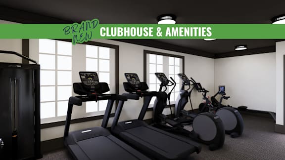 A gym with treadmills and exercise bikes is showcased.
