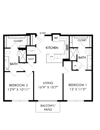 A floor plan of a house with three bedrooms and a living room.