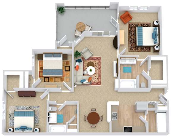 A 3D floor plan of a house with various rooms and furniture.