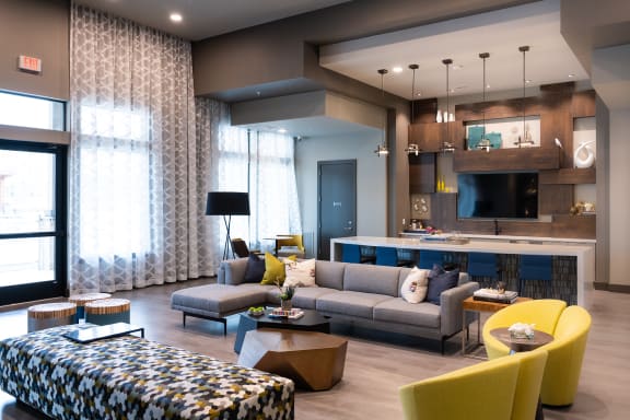 a living room with a couch and a table