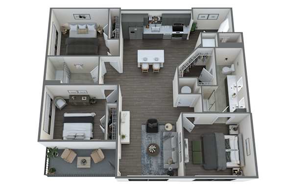 a 3d floor plan of a studio apartment with a bedroom and living room