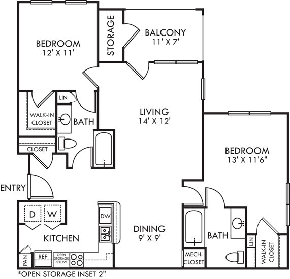 A black and white image of a floor plan for a home with a balcony, two bedrooms, a living room, a dining room, a kitchen, and a storage unit.