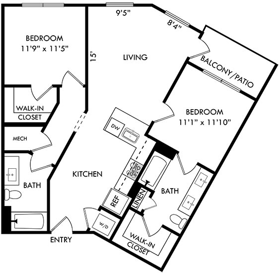 a floor plan of a house with two bedrooms and two bathrooms