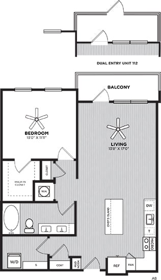 the rome 1 bedroom floorplan