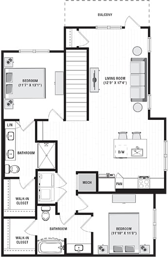 2 bedroom second floor apartment. stairwell entrance opens into kitchen with island and pantry. over looks the living room area. full size washer/dryer in closet off of the kitchen, next to guest access to bathroom. bathroom connects to bedroom and large walk-in closet. 2nd bedroom with private bath and dual sink vanity. Standalone shower. bath connects to large walk-in closet.