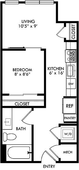 Studio apartment with 1 Bath. Entrance hallway has door to bathroom, stackable washer/dryer, and kitchen. Living area in the back of the floorplan with sliding door partition into bedroom with closet.