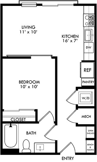 Studio apartment with 1 bath. Entrance hallway has coat rack and bench and open shelving. Entrance to Bathroom and washer/dryer. Opens into kitchen and living area. Bedroom off of living area separated by sliding door. 2nd entrance to bathroom from the bedroom. Juliette Balcony.