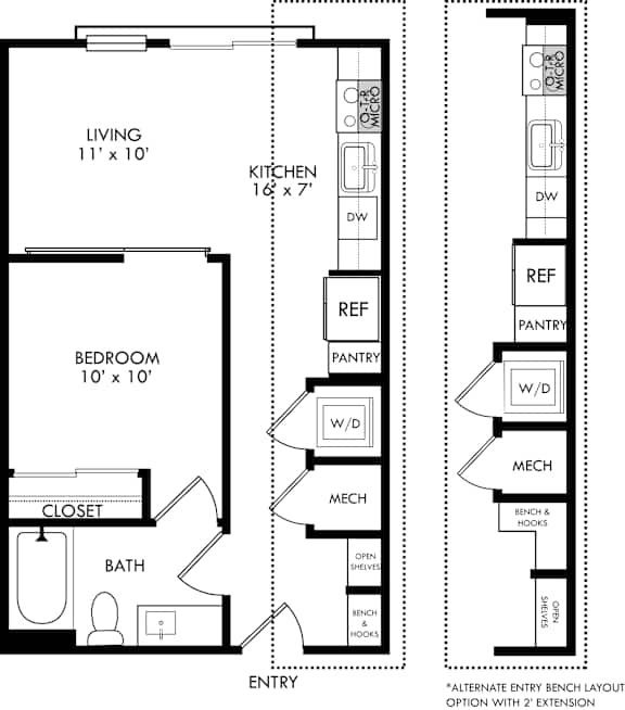 A floor plan of a small apartment with a living room, kitchen, bedroom, bathroom, closet, pantry, and a mech.