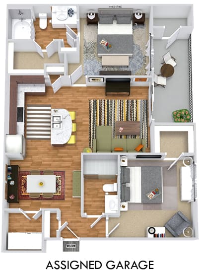 The Sage with Assigned Garage 3D. 2 bedroom apartment. Kitchen with island open to living/dinning rooms. 2 full bathrooms, shower stall in master. Walk-in closets. Patio/balcony.