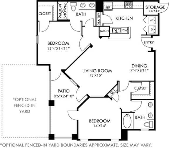 A floor plan of a house with a living room, dining room, kitchen, two bedrooms, a bath, a patio, and storage.