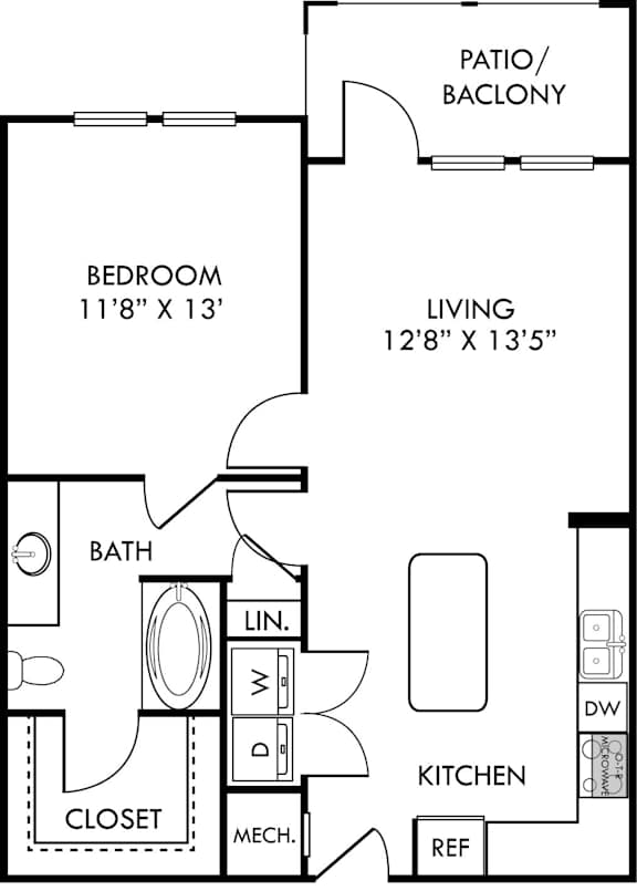 A floor plan of a small apartment with a bedroom, bathroom, kitchen, and living room.