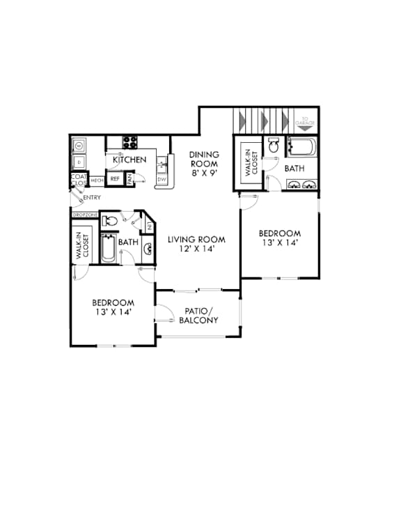 A floor plan of a home with a living room, dining room, kitchen, and three bedrooms.