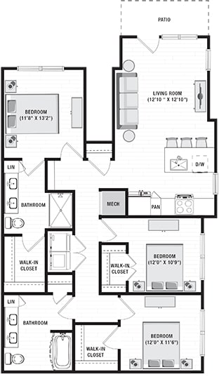 3 bedroom 1st floor apartment. patio entrance opens into living room area. kitchen with peninsula island overlooks living area. front bedroom is master with private bath with dual sink vanity, standalone shower and walk-in closet. hallway off of kitchen leads to full size washer/dryer closet. and  2 other bedrooms with walk-in closets. 2nd shared bath with linen closet.