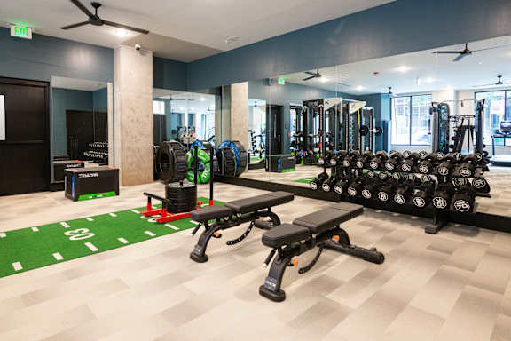 A gym with a variety of equipment including dumbbells, weight plates, and a bench press.
