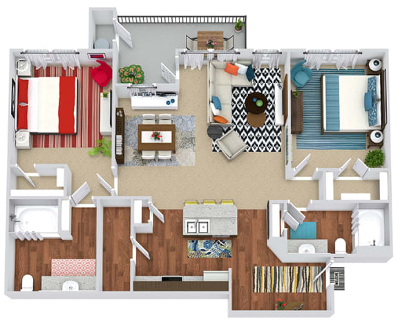 Nelson 3D 2 bedroom apartment. Kitchen with island open to living & dining rooms. 2 full bathrooms. Walk-in closet in both bedrooms. Patio/balcony.