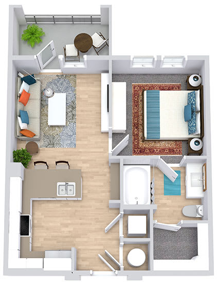 a floor plan that includes a bedroom with an attached bathroom and walk in closet, a kitchen with an "L" shaped counter with barstool seating, a living area, and an outdoor patio/balcony space
