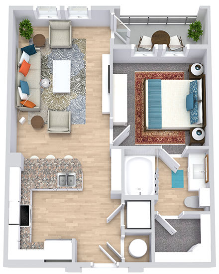 a floor plan that includes a bedroom with an attached bathroom and walk in closet, a kitchen with an "L" shaped counter with barstool seating, a living area, and an outdoor patio/balcony space