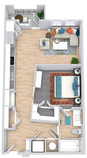 a floor plan that includes a bedroom with an attached bathroom and walk in closet, a kitchen, a living area, and an outdoor patio/balcony space