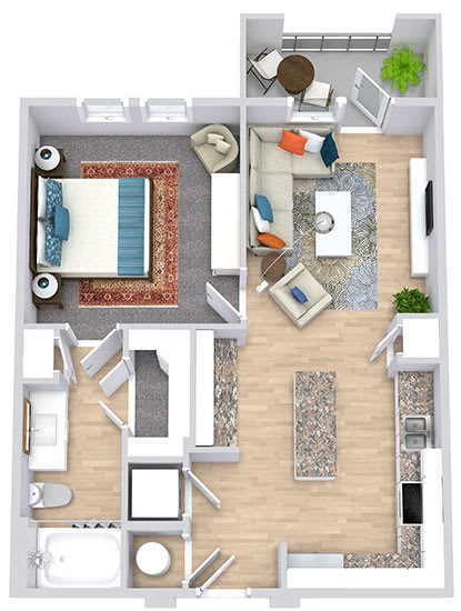 a floor plan that includes a bedroom with an attached bathroom and walk in closet, a kitchen with an island, a living area, and an outdoor patio/balcony space