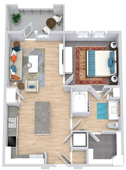 a floor plan that includes a bedroom with an attached bathroom and walk in closet, a kitchen with an island, a living area, and an outdoor patio/balcony space