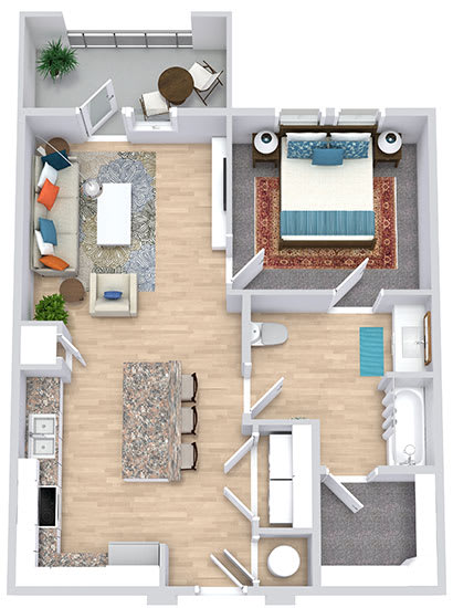a floor plan that includes a bedroom with an attached bathroom and walk in closet, a kitchen with an island, a living area, and an outdoor patio/balcony space