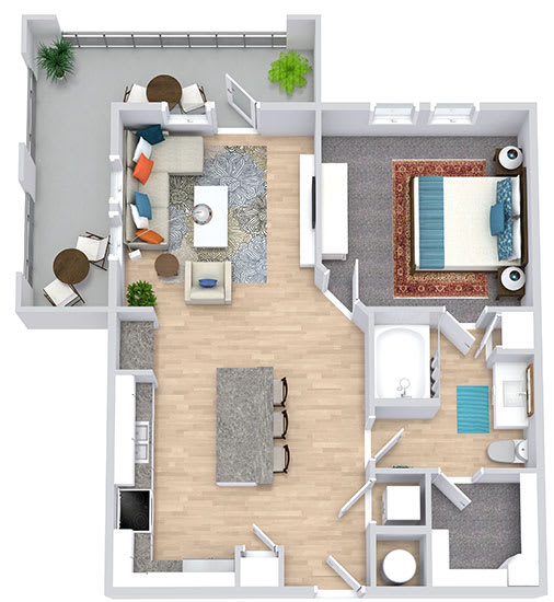 a floor plan that includes a bedroom with an attached bathroom and walk in closet, a kitchen with an island that has barstool seating, a living area, and an outdoor patio/balcony space