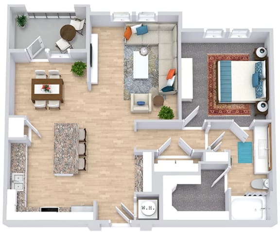 a floor plan that includes a bedroom with an attached bathroom and walk in closet, a kitchen with an island that has barstool seating, a dining space, a living area, and an outdoor patio/balcony space