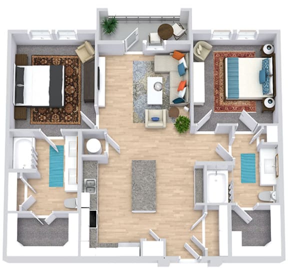 a floor plan that includes two bedrooms both with attached bathrooms and walk in closets, a kitchen with an island, a living area, and an outdoor patio/balcony space