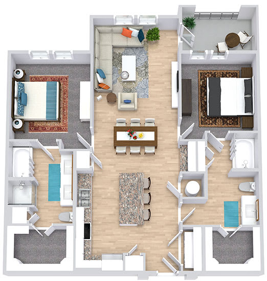 a floor plan that includes two bedrooms both with attached bathrooms and walk in closets, a kitchen with an island, a living area, and an outdoor patio/balcony space