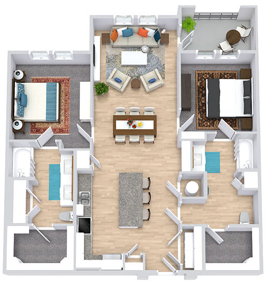 a floor plan that includes two bedrooms both with attached bathrooms and walk in closets, a kitchen with an island that has barstool seating, a living area, and an outdoor patio/balcony space