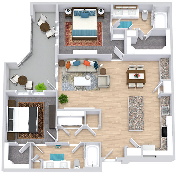 a floor plan that includes two bedrooms both with attached bathrooms and walk in closets, a kitchen with an island, a living area, and an outdoor patio/balcony space