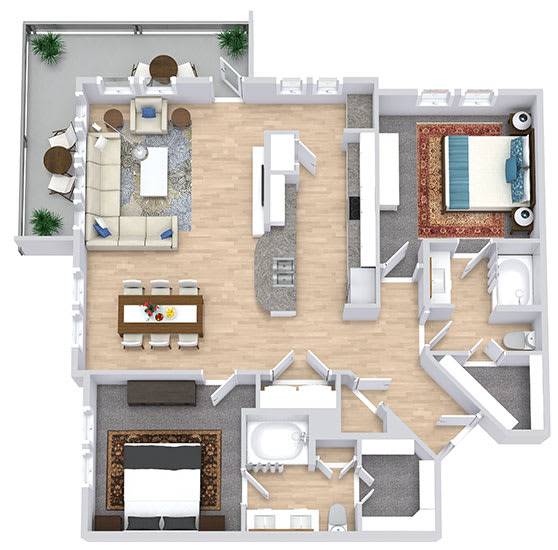 a floor plan that includes two bedrooms both with attached bathrooms and walk in closets, a kitchen, a living area, and an outdoor patio/balcony space