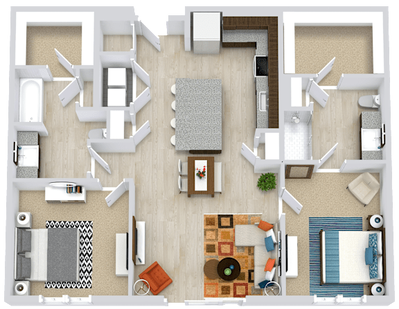 A top-down view of a living room with a couch, coffee table, and kitchen area.
