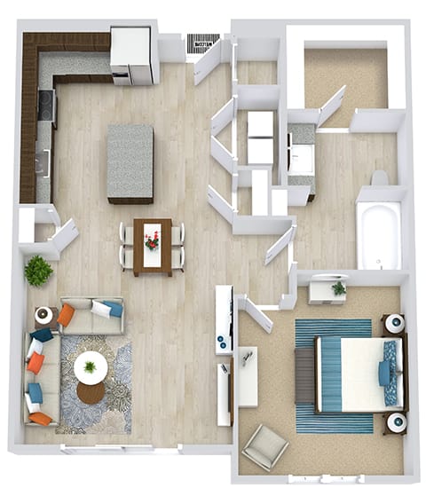 1 bedroom floorplan with L-shaped Kitchen and Island. Pantry, W/D Closet, Living/Dining Area, Bedroom and bathroom with bathtub and Walk-in Closet.