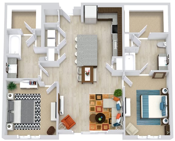 2 bedroom 2 bath floorplan with l-shaped kitchen and island. wld closet, dining area and living area. large walk-in closets. Fenced-in Yard