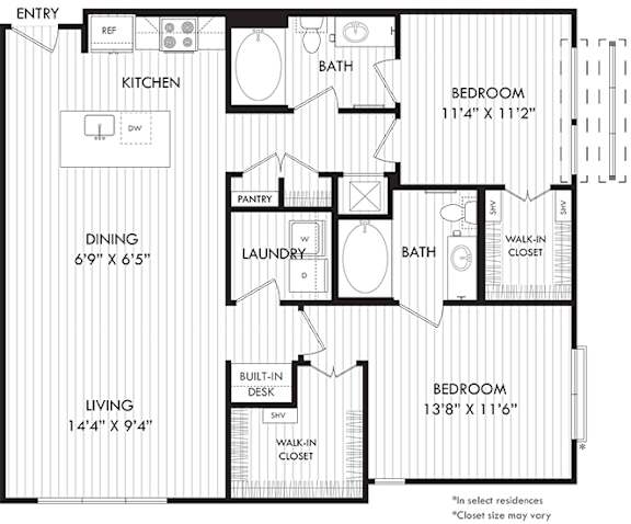 A black and white floor plan of a house with a living room, kitchen, dining room, pantry, laundry, and two bedrooms.