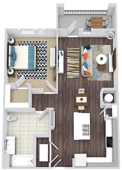 1 bedroom, 1 bath floorplan. L-shaped kitchen with kitchen island sink. butlers pantry. open to living/dining. Walk-in Closet. Washer/Dryer. Balcony
