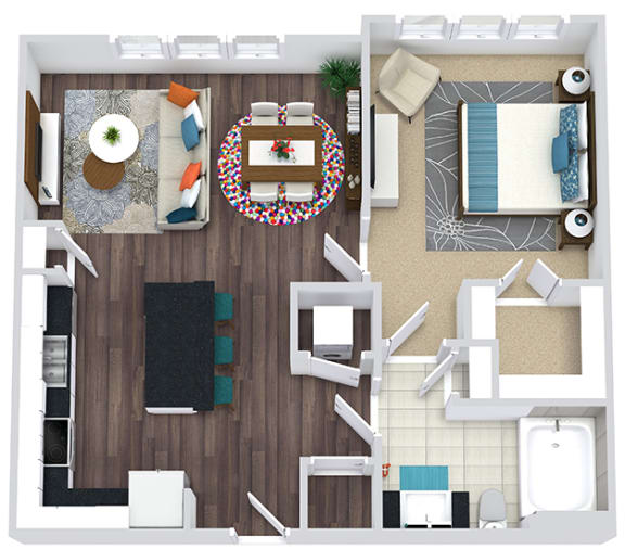 1 bedroom, 1 bath floorplan. entry nook. l-shaped kitchen with island and pantry. open to living/dining. Washer/dryer. linen and walk-in closet.
