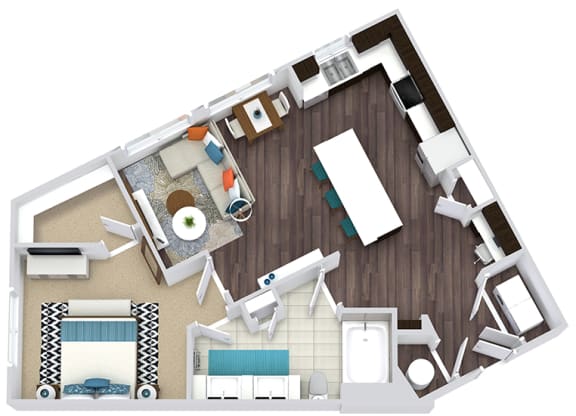 1 bedroom, 1 bath floorplan. entry nook. built-in desk with pantry in L-shaped kitchen. kitchen island. Window over sink. Double sink vanity with linen. washer/dryer.