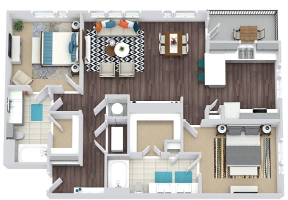 2 bedroom, 2 bath floorplan. Large entry with mudroom. Washer/dryer. Living/dining area with built-in shelving. open to kitchen with peninsula island. dual sink vanity in primary bedroom. Balcony.