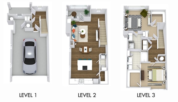 The Martin. 2 bedroom townhome. Kitchen with island open to living/dinning room. 2 full bathrooms + powder room, double vanity in master. Walk-in closets. patio 1st and 2nd floor. Attached garage.